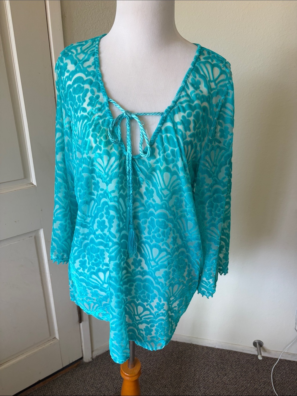 Language Turquoise Lace Tie-Front Tunic Top